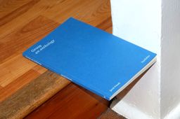 A blue book laying on a step. In white serif text, the title Group, an anthology, the author, Jacob Potash, and the press, Nachleben.